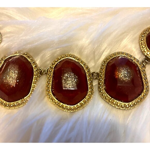 NY Gold-Tone Red Statement Bib Necklace Faceted faux stones gold accents 11” - Picture 3 of 6